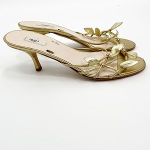 PRADA Greek Gold Floral Kitten Heels Shoes Sandals